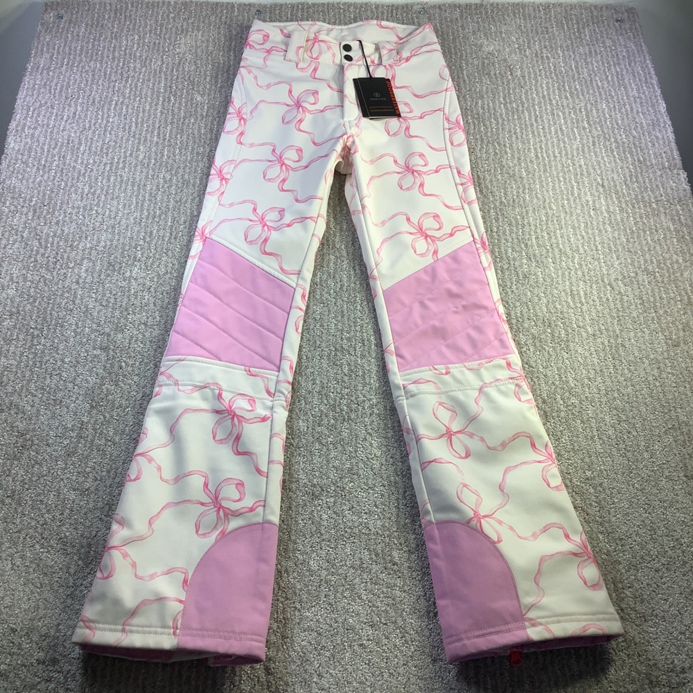 Bogner Fire + Ice x LoveShackFancy Zula Ski Pants Pink Bows White US 2 XXS NWT